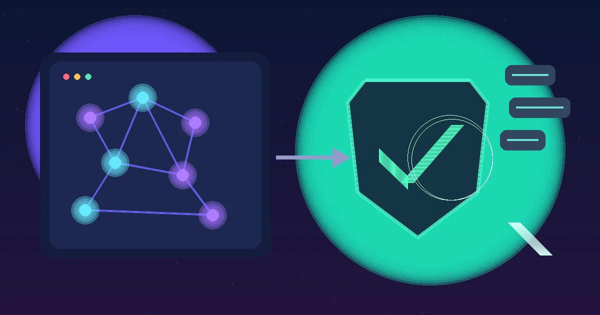 AI-generated draft passing through a shield, check mark, and verification lens