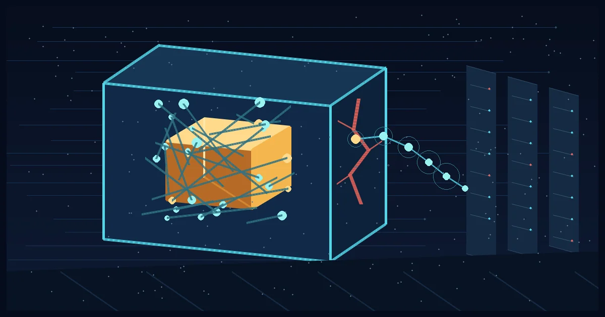 Cracked sandbox cube releasing connected agent nodes toward distant server racks
