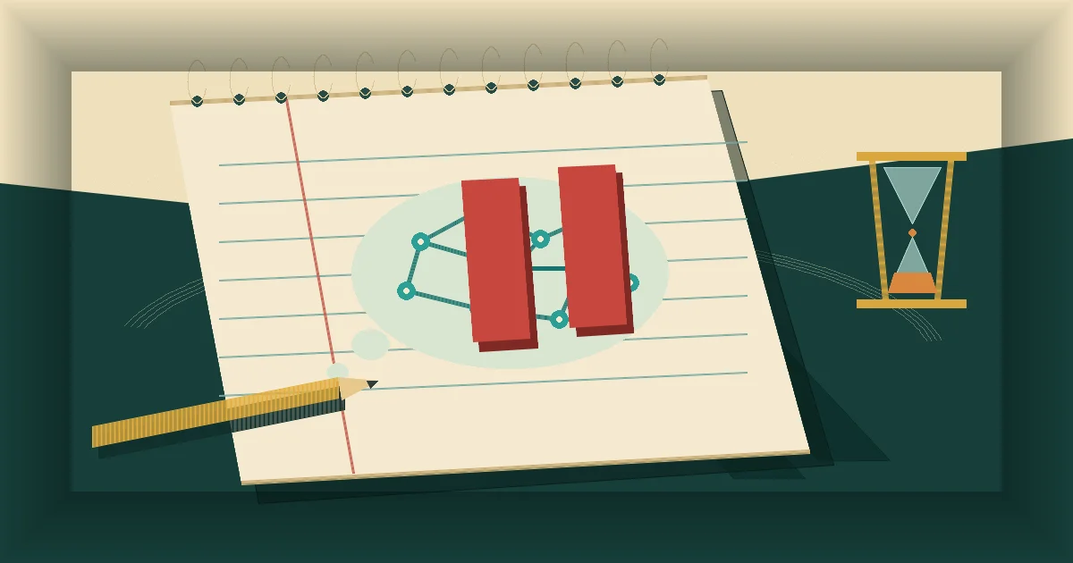 Open notebook with circuit bubble paused beside a pencil and hourglass