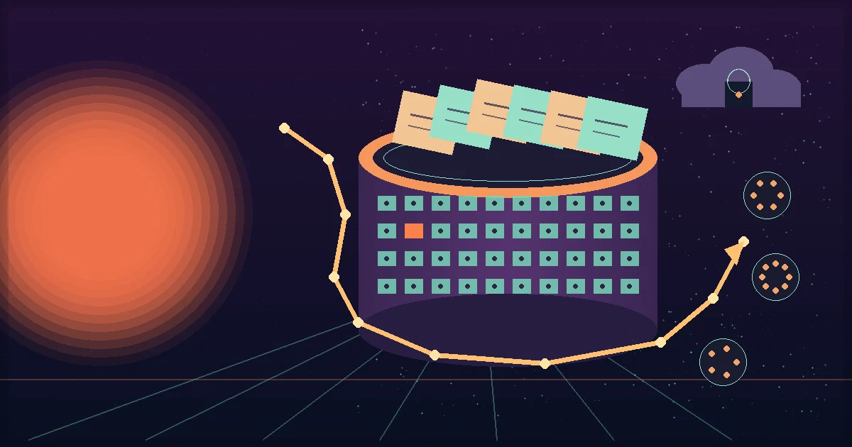 A glowing cache drum recycles context cards along an autonomous agent path