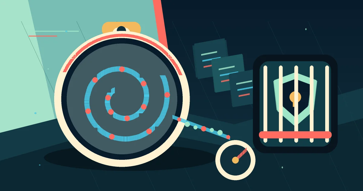 Glass stopwatch loops token beads toward a gated cybersecurity chamber