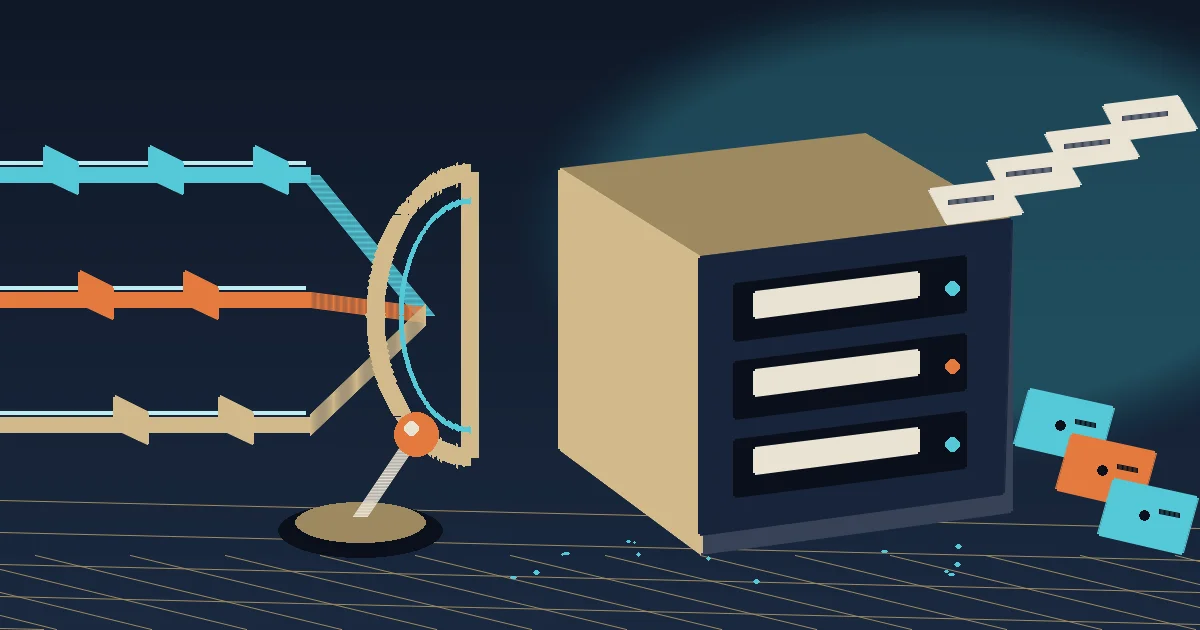 Secure filing cabinet sorting documents from three colored AI model rails